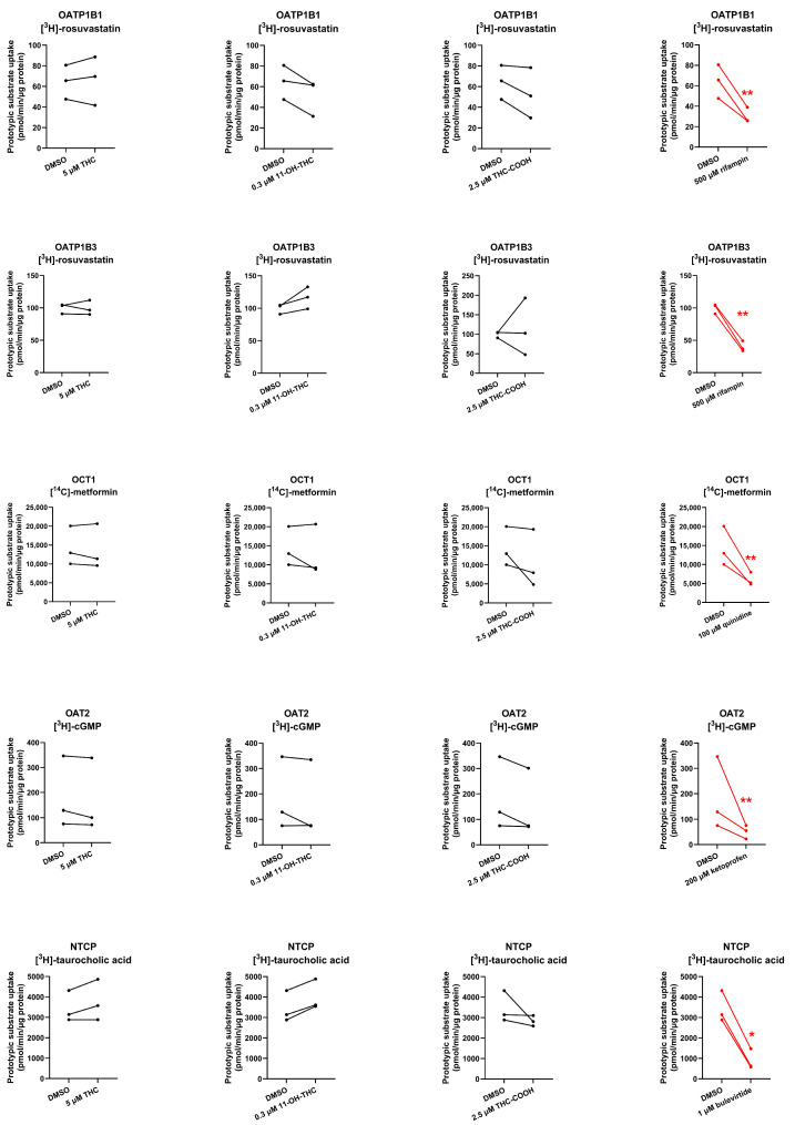Cannabinoids as inhibitors of hepatic transporters. Uptake (over 2 min for OATP1B1/OATP1B3/OAT2/NTCP and 10 min for OCT1) of the prototypic substrates of the hepatic transporters OATP1B1/1B3 ([3H]-rosuvastatin), OCT1 ([14C]-metformin), OAT2 ([3H]-cGMP), and NTCP ([3H]-taurocholic acid) in the presence or absence of 5 μM THC, 0.3 μM 11-OH-THC, 2.5 μM THC-COOH, or their prototypic inhibitors (500 μM rifampin for OATP1B1/1B3, 100 μM quinidine for OCT1, 200 μM ketoprofen for OAT4, and 1 μM buleviritde for NTCP). Data on the y-axis are the rates of the prototypic substrate uptake normalized to protein concentration. Data are from three independent experiments, each conducted in triplicate. Technical variability within each independent experiment is shown in Table S2. Statistically significant differences in the rate of uptake of the prototypic substrate in the presence or absence of the inhibitor or cannabinoids (marked in red) were determined using the paired t-test. * p < 0.05; ** p < 0.01.