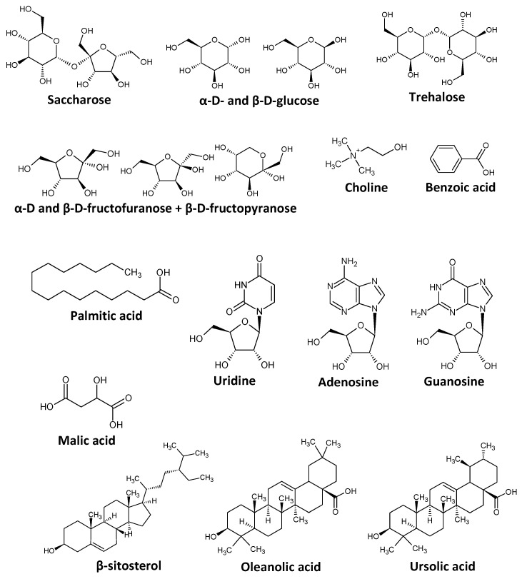 Chemical structures of the prevailing molecules unambiguously identified by NMR in HHR-UP and HHR-LOW.