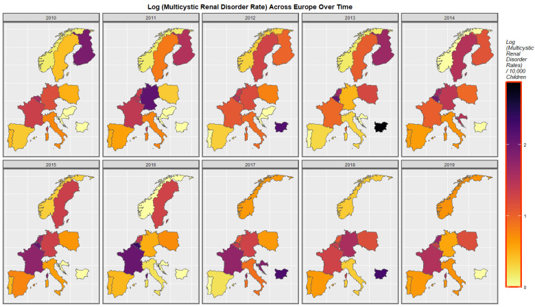 Time sequential map-graph of log (Multicystic renal disease rate) across surveyed European nations over time.