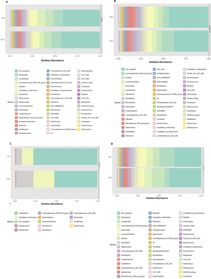 Relative abundance at the genus level. Stacked bar plots showing the relative abundance of bacterial genera in feces (A), caecum (B), ileum (C), and jejunum (D).