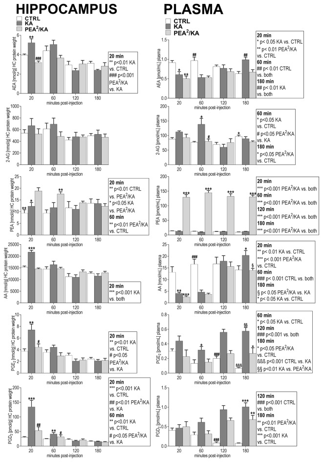 Impact of PEA treatment on temporal dynamics of hippocampal and plasma lipid levels in KA-induced epilepsy mouse model. Anandamide (also known as arachidonoylethanolamide [AEA]), 2-arachidonoylglycerol (2-AG), PEA, arachidonic acid (AA), prostaglandin E2 (PGE2) and prostaglandin D2 (PGD2) were comparatively analyzed at 20, 60, 120, 180 min post KA injection, respectively, in KA-injected animals (KA) vs. vehicle injected (Ctrl) and subchronically PEA-treated KA injected animals (PEA2/KA). Error bars indicate SEM and asterisks in the figures indicate significant differences, *P < 0.05, **P < 0.01, ***P < 0.001.