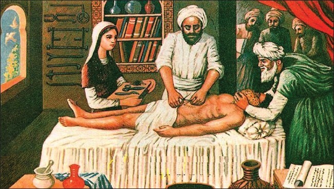 Artistic impression of Arabia anesthetic sponge, in which the surgeon operates and the tabbaee keeps the sedoanalgesic soaked anesthetic sponge over the nostril and squeezes the liquid which is absorbed by the mucous membrane of nose and mouth (published with the permission of Pan Arab anesthesia group)