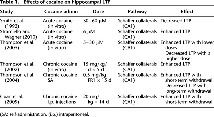 Effects of cocaine on hippocampal LTP