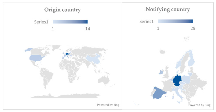 Geographical distribution of hemp/cannabis-related notifications by country of origin and notifying country (RASFF, 2018–2025) (Map generated using Microsoft® Excel® Powered by Bing™. Contains data from GeoNames, Microsoft, Open Places, and OpenStreetMap).