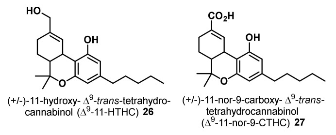 Structures of the Δ9-THC metabolites Δ9-11-HTHC and Δ9-11-nor-9-CTHC.