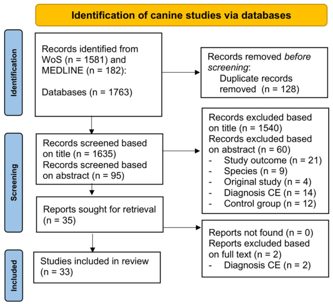 PRISMA flowchart showing the applied literature search strategy for canine epilepsy research (first step). Adapted from Page MJ et al. BMJ 2021;372:n71. doi: 10.1136/bmj.n71 [23] (CC BY 4.0).