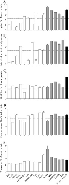 Mean (± SEM) lysine (a), methionine (b), histidine (c), phenylalanine (d), and threonine (e) contents (% of total protein) of various dietary protein sources and human skeletal muscle protein. White bars represent plant-based protein sources, grey bars represent animal-derived protein sources, and black bar represents human muscle. Dashed line represents the amino acid requirements for adults (WHO/FAO/UNU Expert Consultation 2007)
