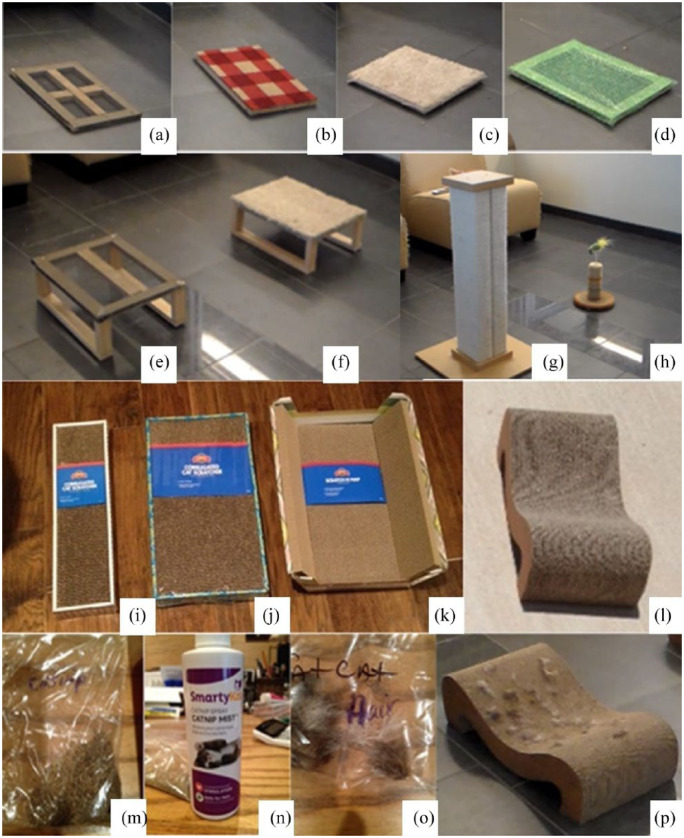 (a) Scratcher covered with window screen. (b) Scratcher covered with short-fiber carpet. (c) Scratcher covered with long-fiber carpet. (d) Scratcher covered with bubble wrap. (e) Raised scratcher covered with window screen. (f) Raised scratcher covered with long-fiber carpet. (g) Tall post and (h) hemp post with mouse on top. (i–l) Cardboard scratchers: (i) long, (j) rectangular, (k) boat and (l) S-shaped. The (m) dried catnip plant or leaves, (n) catnip oil spray and (o) cat hair used. (p) The cat hair, evenly distributed on the S-shaped cardboard