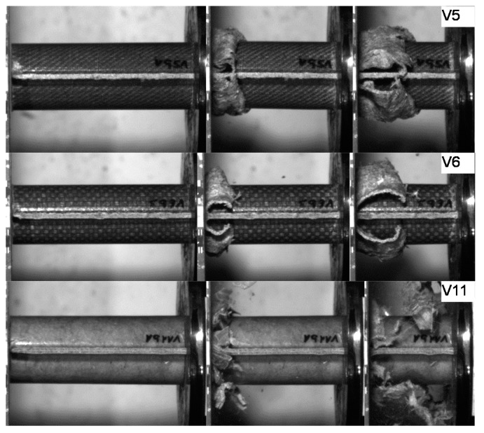 Failure mechanism of V5, V6 and V11 in crash tests series b.