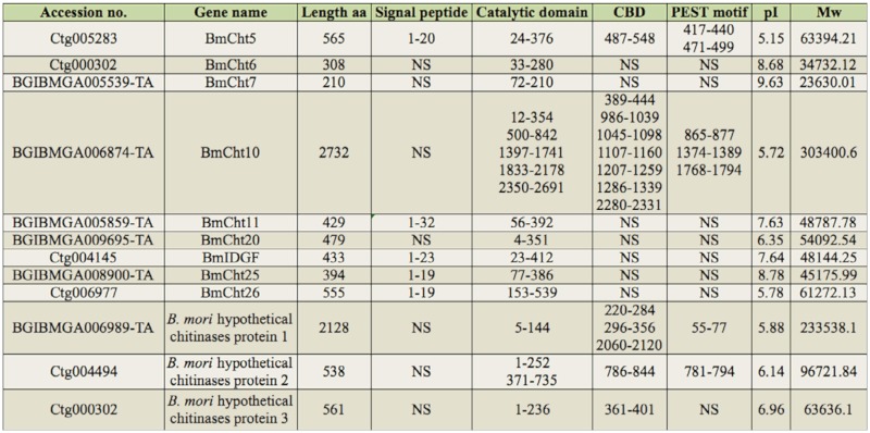 Accession number in NCBI database, amino acid residues, structural domains, pl and Mw values of the predicted Bombyx mori chitinases. NS: Not shown in prediction.