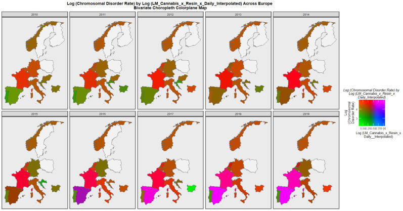 Bivariate choropleth sequential map-graph of log (chromosomal disorder rates) by last month cannabis use: cannabis resin THC concentration: daily cannabis use interpolated over time in selected European nations 2010–2019.
