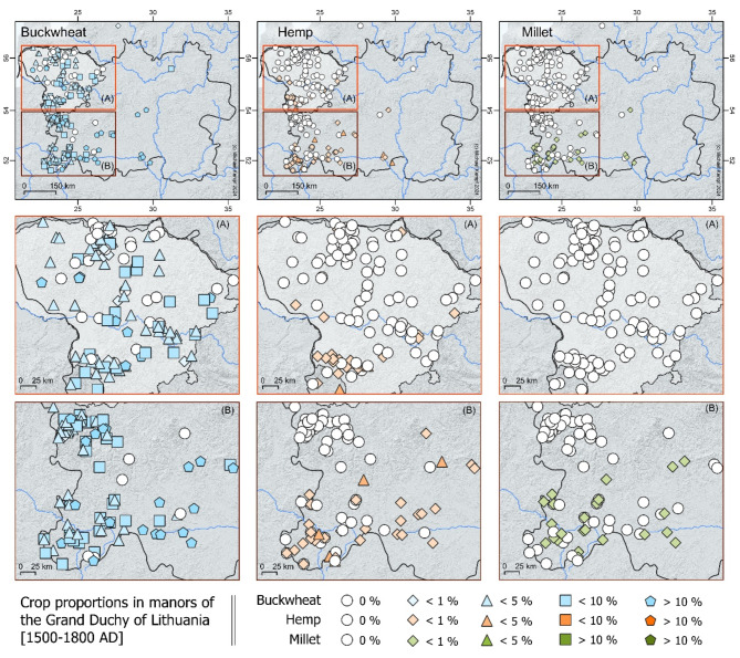 Buckwheat, millet and hemp in the manors in the Grand Duchy of Lithuania (1500–1800 AD). Modern Lithuania is highlighted as white shade. This map is produced using QGIS 3.10.12 (QGIS Geographic Information System. QGIS Association. http://www.qgis.org (2024)).