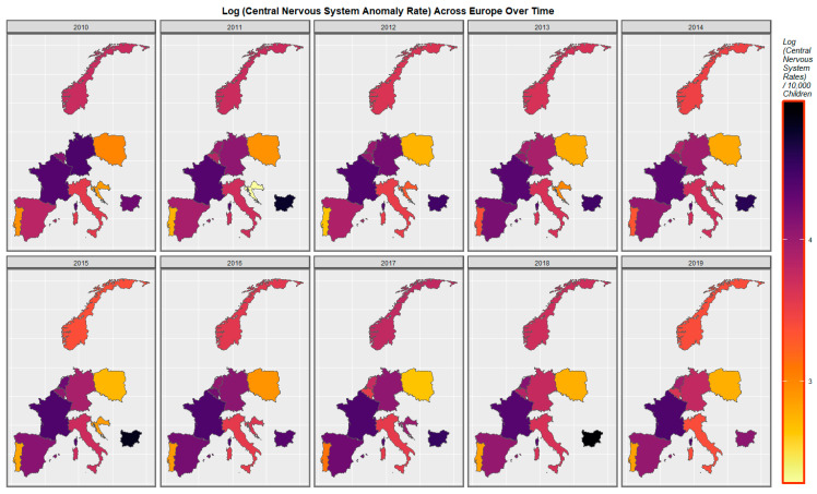 Sequential map-graphs of log (central nervous system anomaly rates) across surveyed European nations over time, 2010–2019.