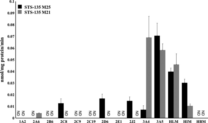 Hydroxylation activities of human recombinant P450s, HLMs, HIMs, and HBMs toward STS‐135. HLMs, HIMs, and HBMs along with 11 recombinant P450s (CYP1A2, −2A6, −2B6, −2C8, −2C9, −2C19, −2D6, −2E1, −2J2, −3A4, and −3A5) (50 µg) were used to screen for their ability to metabolize STS‐135 (50 µmol/L) and produce hydroxylated metabolites. At least one of two predominant metabolites (M25 and M21) was observed in reactions containing HLMs, HIMs, CYP2A6, −2C8, −2D6, −2J2, −3A4, and −3A5. Specific activities are expressed in nmol/mg protein/min