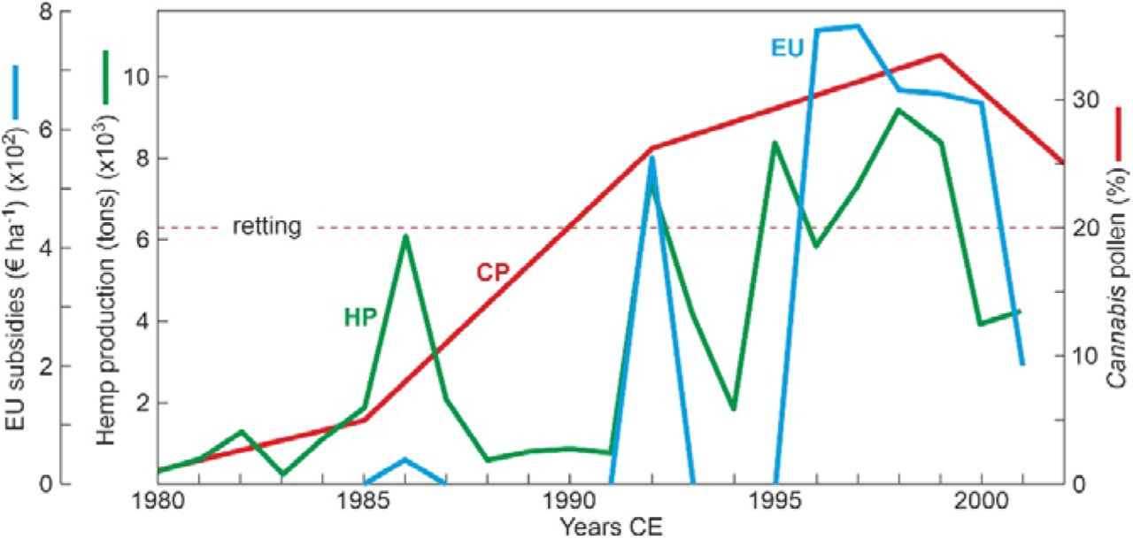 Hemp production in NE Spain (HP) and European Union subsidies to hemp cultivation (EU) (raw data from Gorchs & Lloberas, 2003) compared with the Cannabis pollen percentage curve from Lake Montcortès sediments (CP) (Fig. 2).