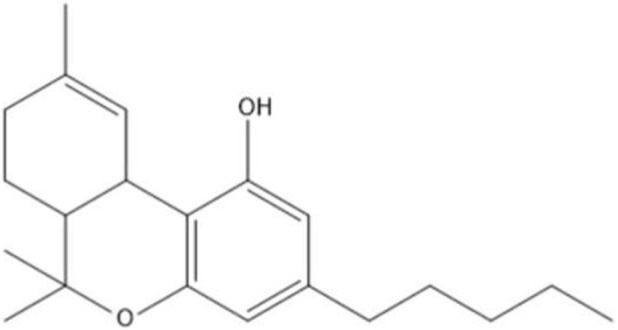 Chemical structure diagram showing the molecular structure of Δ9-tetrahydrocannabinol (THC) with three hexagonal rings, various double bonds, a hydroxyl group labeled OH, and a long branched side chain extending to the right.