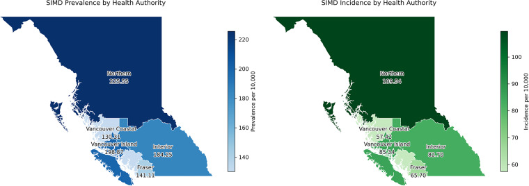 Two maps of British Columbia show SMD prevalence and incidence by health authority.
