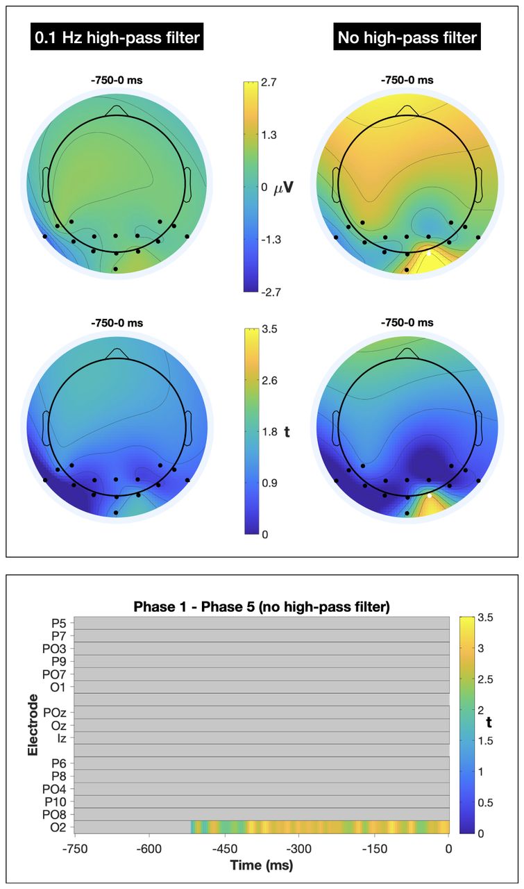 (Top) Mean topographies of the phase 1 - phase 5 difference wave with amplitude distribution on the top and t score distribution on the bottom, for both with and without a high-pass filter. O2 was significant in the no filter condition. (Bottom) Raster diagram illustrating significant differences between phase 1 and phase 5 ERPs without a high-pass filter, based on a cluster-level mass permutation test. Colored rectangles indicate time points/electrodes at which a significant effect was observed, with the gradient tied to the t score.