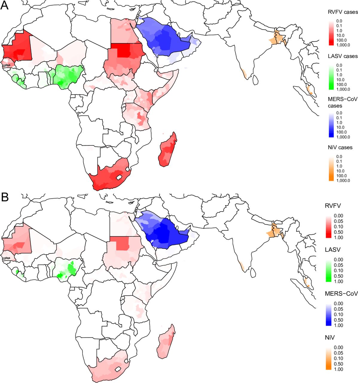 Geographic distribution of spillover cases and reactive vaccination campaigns for adm1 catchment areas.(A) Geographic distribution of the expected annual number of spillover cases for each pathogen. (B) Probability that a campaign will be triggered.