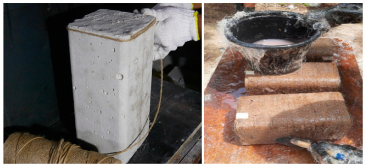Application of two-part epoxy and fiber ropes to square specimens.