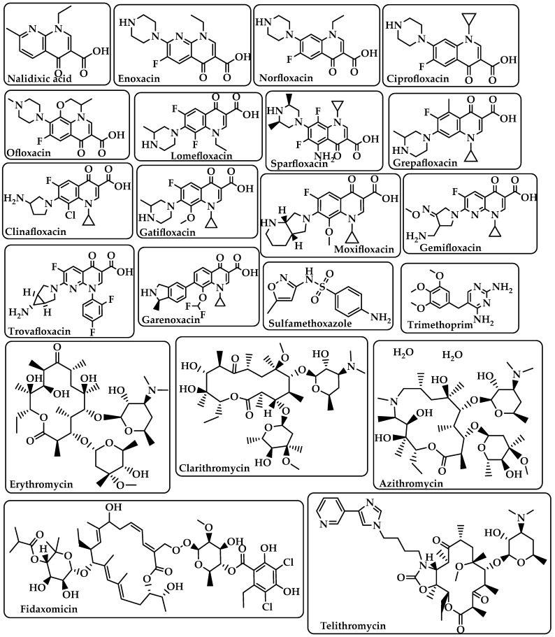 Chemical structure of nalidixic acid, enoxacin, norfloxacin, ciprofloxacin, ofloxacin, lomefloxacin, sparfloxacin, grepafloxacin, clinafloxacin, gatifloxacin, moxifloxacin, gemifloxacin, trovafloxacin, arenoxacin, sulfamethoxazole, trimethoprim, erythromycin, clarithromycin, azithromycin, fidaxomicin, and telithromycin.