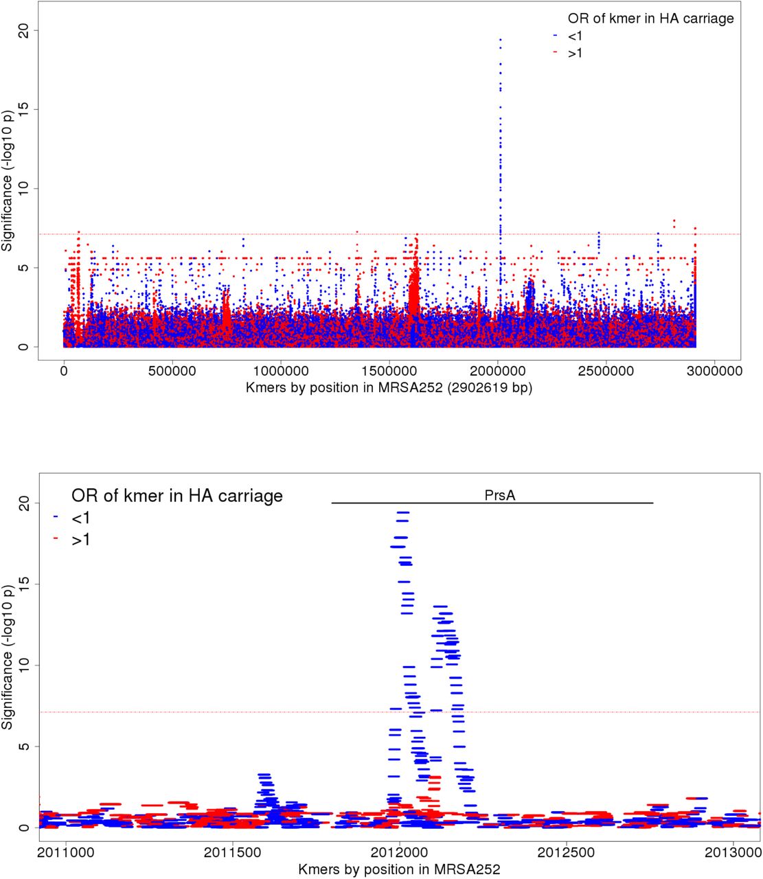 Association of kmers with HA-vs-CA carriage, controlling for population structure.(A)Manhattan plot showing significance of association (-log10 p-value, left axis) for individual kmers (red, kmers found more often in HA carriage; blue, kmers found more often in CA carriage). The Bonferroni significance threshold, adjusting for the number of kmer phylopatterns, was 10−7.1 (red horizontal line). (B) The region of prsA is shown in greater detail. Kmers showing significant association with HA-vs-CA carriage cover the region 2011973-2012202 in the reference, which corresponds to bases 177-394 in prsA
