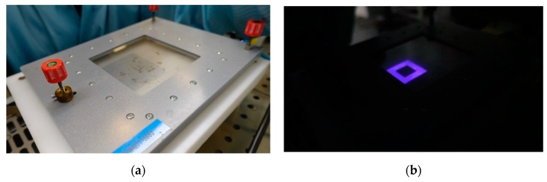 A view of the reactor for selective plasma modification: (a) before and (b) after plasma ignition. The window allows for observation of the discharge fidelity.