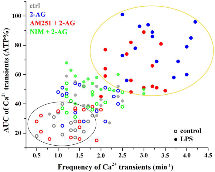 Clustering of calcium transients of control and LPS-treated astrocytes following the inhibition of CB1 or COX-2. Clusters and confidence ellipses were identified using K-means cluster analysis. The left bottom cluster indicates that the effects of 2-AG are abolished by the CB1 antagonist AM251 in resting cells. The top right cluster shows that, in LPS-treated cells, effects of 2-AG are abolished by the COX-2 inhibitor nimesulide, but not AM251.