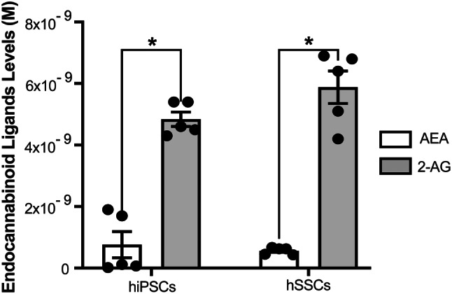 hiPSCs and hSSCs secrete endocannabinoid ligands AEA and 2-AG at pM to nM levels by LC-MS/MS. *p < 0.05