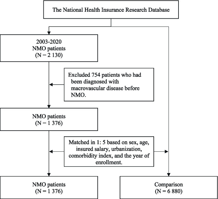 Flowchart illustrating patient selection from the National Health Insurance Research Database, showing 2,130 NMO patients from 2003 to 2020, exclusion of 754 with prior macrovascular disease, resulting in 1,376 NMO patients. These were matched 1:5 with 6,880 comparison subjects based on sex, age, insured salary, urbanization, comorbidity index, and year of enrollment.