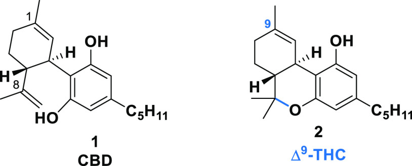 Structures of cannabidiol (CBD) and Δ-9-tetrahydrocannabinol (Δ9-THC).
