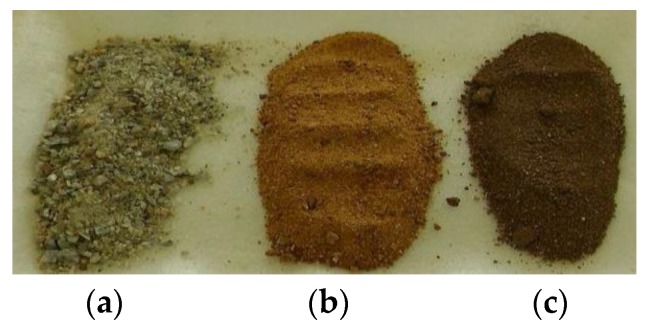 Comparison of samples: natural magnesite (a), MgO–L (b) and MgO–C (c) of the mean particle diameter of 1031 μm, 385 μm, and 337 μm.