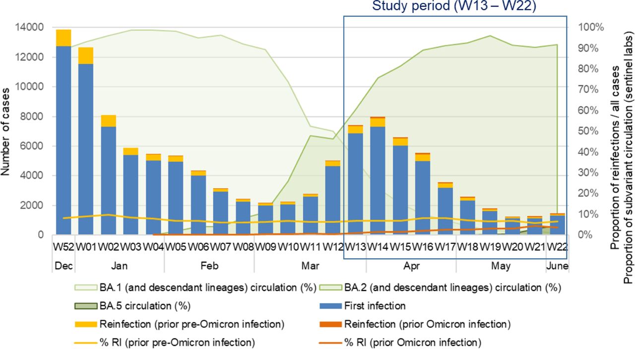 Weekly distribution of SARS-CoV-2 infections by infection history and weekly proportion of reinfections among all infections during the Omicron BA.1 and BA.2 wavesAbbreviations: RI, reinfection; W, epidemiological week