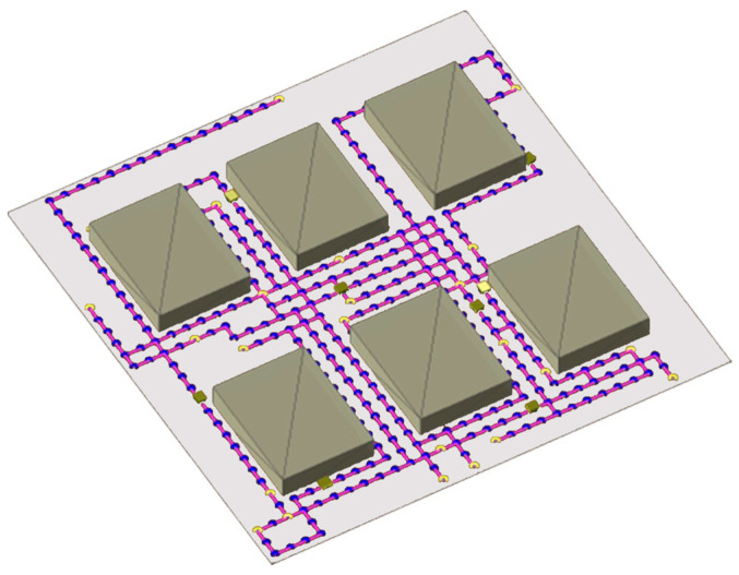 Visualisation of the 30 m × 30 m environment with 8 AMRs concurrently traversing their paths using the multi-AMR collaborative path planning mechanism. The blue dots and purple lines denote the planned coordinate trajectory of the AMR, and the yellow dots denote the coordinates of interest for this trial.