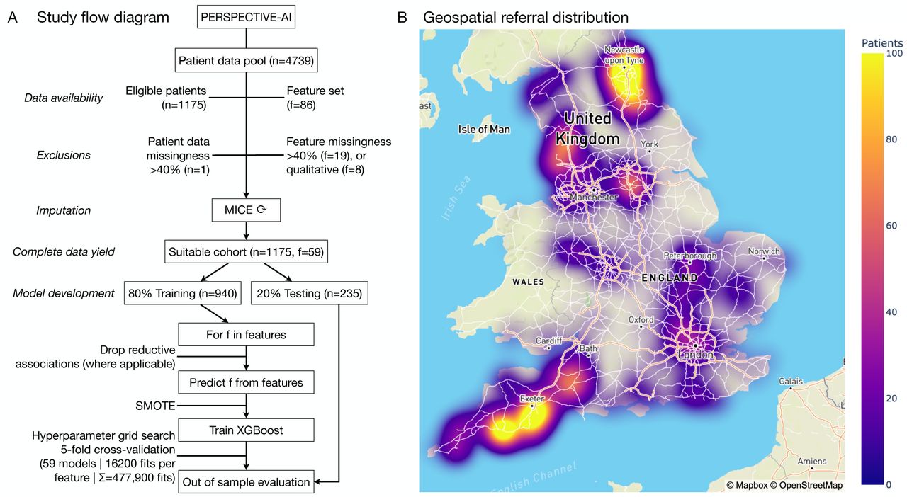 Study design.A) Flow diagram. B) Geospatial referral distribution.