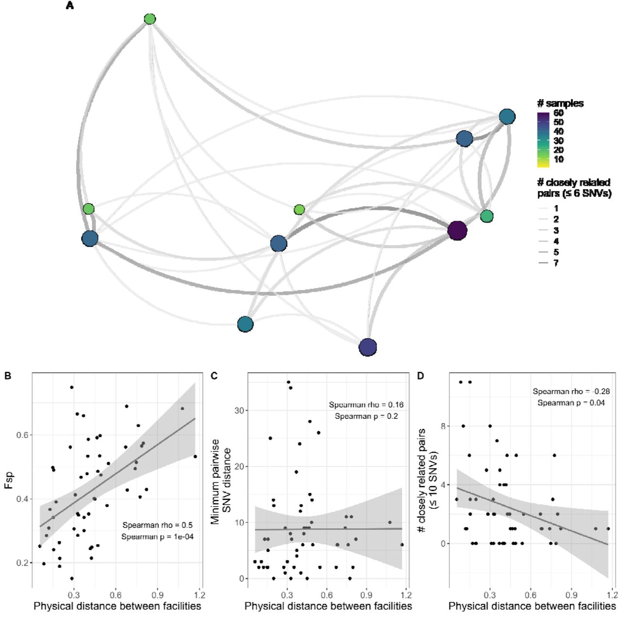 Geographically close facilities are often connected by closely related isolate pairs.(A) Facilities are located as they are geographically in space but latitude and longitude are de-identified by horizontal, vertical, and rotational shifts. The smaller single nucleotide variant (SNV) threshold was chosen for visualization purposes. Size and color of points indicates sample size, size and color of edges indicates number of closely related pairs. (B) Physical distance between facilities is positively correlated with genetic flow (Fsp). (C) Physical distance between facilities is not correlated with minimum pairwise SNV distance. (D) Physical distance between facilities is negatively correlated with number of closely related isolate pairs (≤10 SNVs). The larger SNV threshold was chosen to have a wider distribution of number of closely related isolate pairs. Physical distance was calculated as the shortest distance between the points of latitude and longitude for the facility pair. Lines in panels B, C, and D were plotted using ggplot::geom_smooth() with the ‘lm’ method.