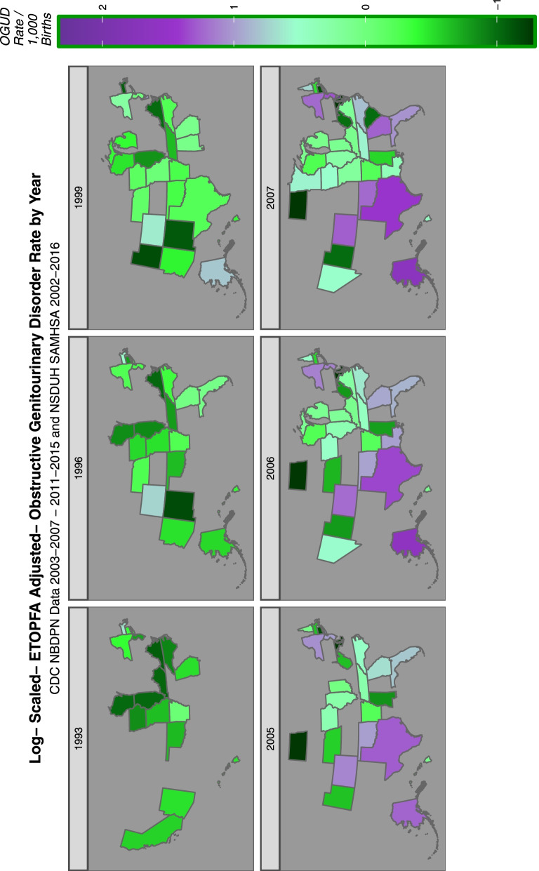 Map-graph of the incidence of obstructive genitourinary defects across USA over time