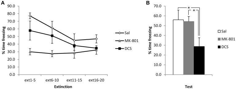 Pre-extinction DCS reduces contextual freezing following strong conditioning. MK-801 and DCS were injected 30 min prior to the extinction session. MK-801 acutely reduced contextual freezing during the first 2 bins of the extinction session (A). DCS, but not MK-801, reduced contextual freezing at the subsequent test (B). N = 8 per group. *p < 0.05.