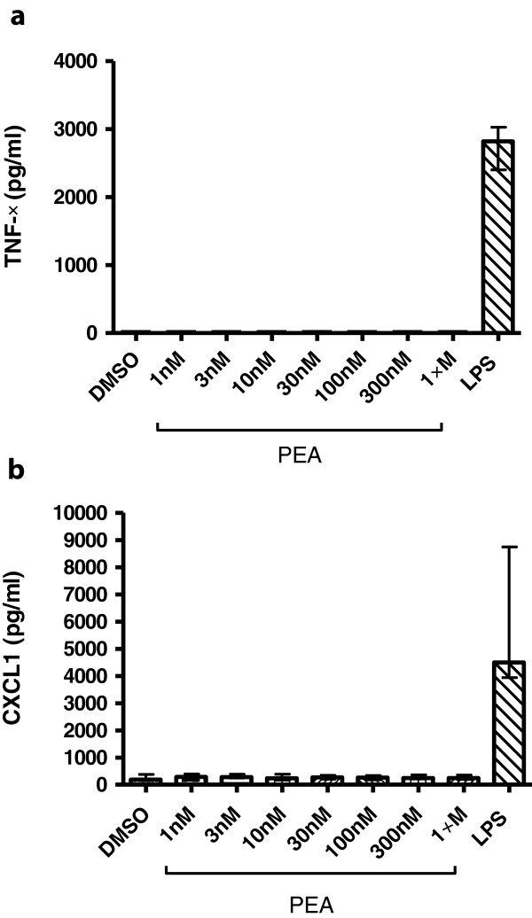 Cytokine and chemokine release of palmitoylethanolamide (PEA)- and lipopolysaccharide (LPS)-stimulated microglial cells. TNFα (a) and CXCL1 (b) concentrations (in pg/ml) in the supernatants of microglial cell cultures after stimulation with different concentrations of PEA for 30 minutes and 0.01 μg/ml LPS for 24 hours. Data are given as medians with interquartile ranges. PEA did not stimulate the release of proinflammatory cytokines and chemokines.