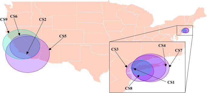 Locations of statistically significant spatial clusters identified with the spatial scan statistic using Bernoulli models, where there were statistically significant higher proportions of dog-associated poisoning calls to the Animal Poison Control Center related to cannabinoids in the continental US (2005–2014).