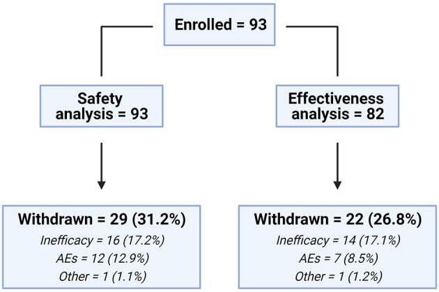 Patients' distribution flowchart. AEs, adverse events. Created with Biorender.com.