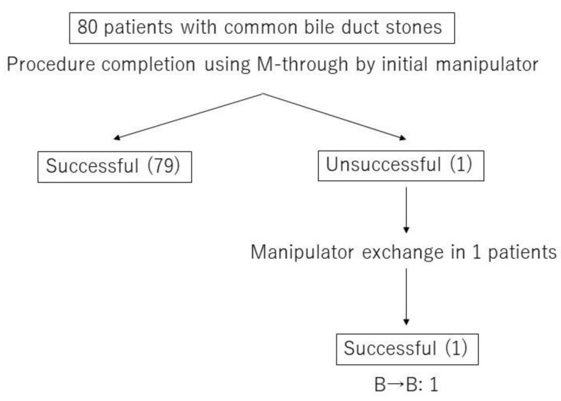 Flowchart of the procedural details including GW and/or manipulator exchange in common bile duct (CBD) stone removal cases.Experience level of GW manipulator; B was defined as five years or more but less than 10 years. One case succeeded by manipulator exchange from the experience level B to the experience level B.