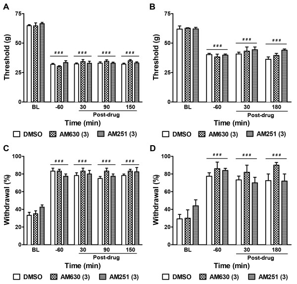 Pharmacological blockade of CB2 or CB1 receptors does not alter cisplatin- or paclitaxel-induced neuropathic nociception. Neither the CB2 antagonist AM630 (3 mg/kg i.p.) nor the CB1 antagonist AM251 (3 mg/kg i.p.) altered cisplatin- (A, C) or paclitaxel- (B, D) evoked mechanical (A, B) and cold (C, D) allodynia. ###P < 0.001 vs. baseline (BL) prior to chemotherapy treatment, repeated measures ANOVA.