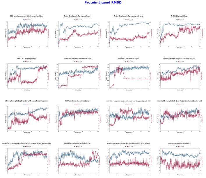 Protein-Ligand RMSD values obtained from molecular dynamics simulations conducted with two ligands for each of eight different proteins. The simulations were performed for 100 ns in the NPT ensemble at a temperature of 310 K. Each graph plots the RMSD values for both protein and ligand against time.