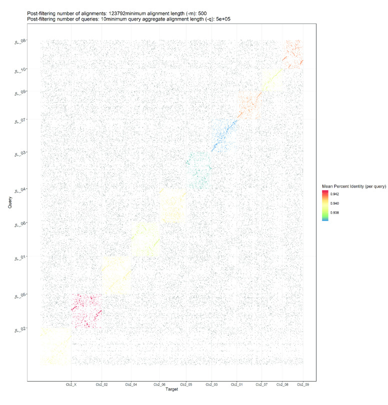 Dot plot showing alignments of Cannbio-2 sequence assembly to the whole genome sequence assembly of JL.