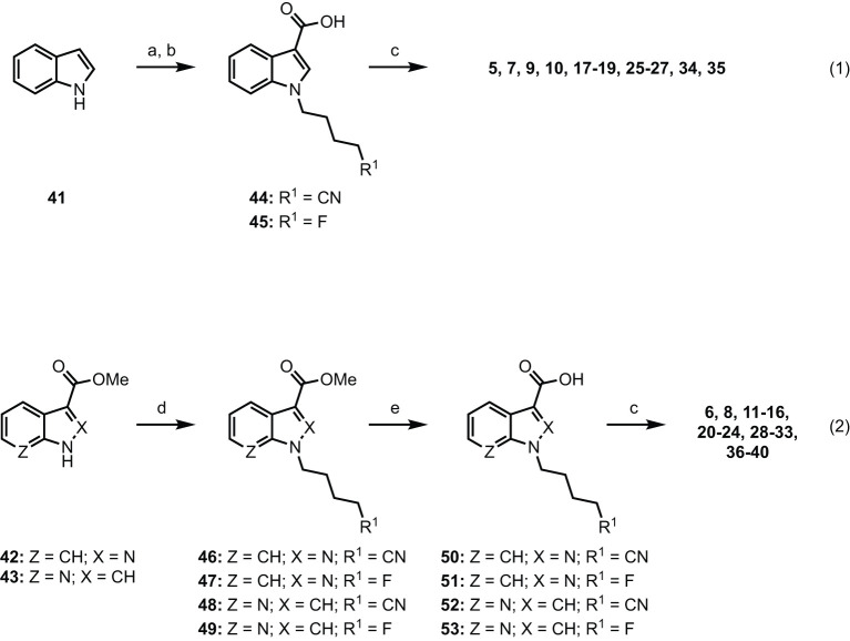 Reagents and conditions: (a) (i) NaH, alkylbromide, DMF, 0 °C–rt, 1 h; (ii) (CF3CO)2O, 0 °C–rt, 2 h; (b) KOH, MeOH, PhMe, reflux, 2 h; (c) EDC•HCl, HOBt•H2O, amino acid•HCl, Et3N, DMF, rt, 18 h, 29–99%. (d) NaH, alkylbromide, DMF, 0°C–rt, 24 h, 81%; (e) 1 M aq. NaOH, MeOH, rt, 48 h, 98%.