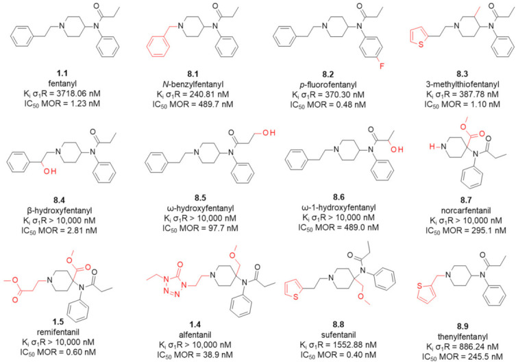 MOR and σ1R affinities of fentanyl and analogues. In red marked are structural differences compared to the parent compound. Data taken from [106] (σ1R, competitive assays done in guinea pig brain membrane homogenates, [3H]-(+)-pentazocine as radioligand) and from [109] (MOR, competitive assays done in rat brain membrane homogenates, 0.5 nM [3H]DAMGO as radioligand).