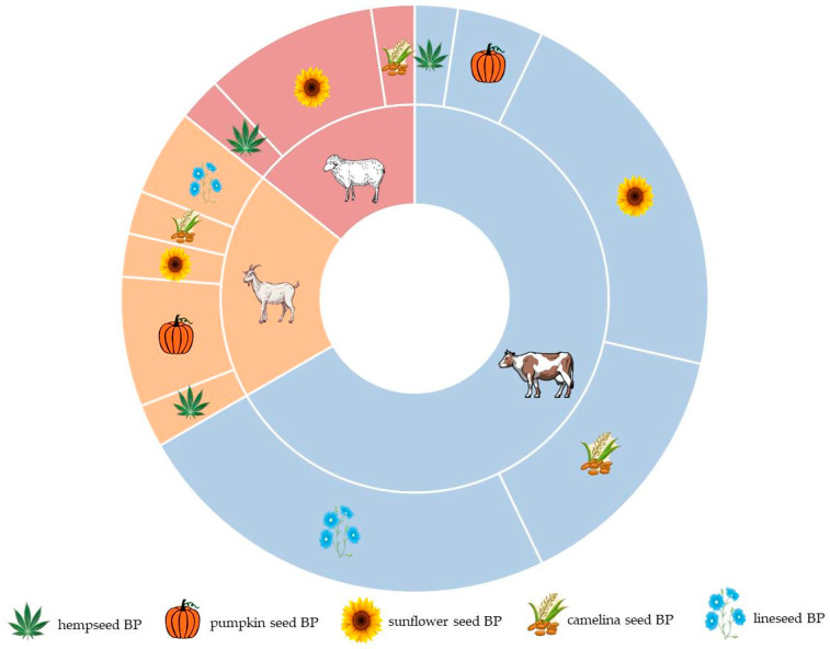 Distribution of ruminant species and byproducts from the oilseed industry among the selected studies.