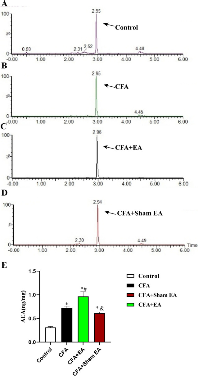 Effect of EA on AEA levels in the inflammatory skin tissue of the affected side of the dorsal hindpaw in mice. A–D The chromatogram of AEA in the skin tissue of affected side with dorsal hindpaw inflammation in the Control group, CFA group, CFA + EA group, and CFA + sham EA group. The arrow indicates the AEA peak. E A statistical histogram of the AEA levels. The data is shown as mean ± SEM (n = 8). One-way ANOVA was used to analyze the data. *P < 0.05 compared with the Control group; #P < 0.05 compared with the CFA group; &P < 0.05 compared with CFA + EA group