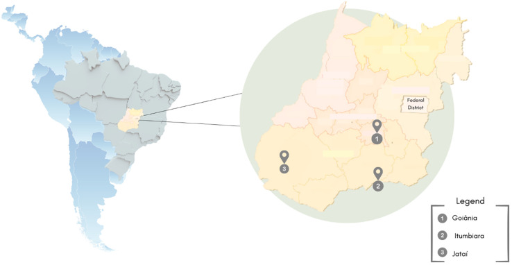 Geographical location of the municipality of Goiás, Central Brazil.This study was conducted in three cities: Goiânia (population: 1,437,366; Human Development Index [HDI]: 0.799), Itumbiara (population: 107,970; HDI: 0.752), and Jataí (population: 105,729; HDI: 0.757) [13, 14].